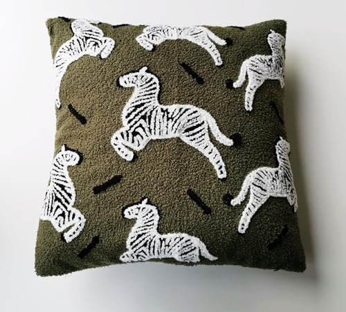 LAZYBIRD Kissenbezug - 45x45 cm, Olivgrün Zebra, moderner Dekokissen Sofakissen mit Stickerei