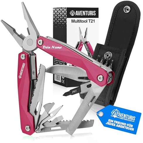 AVENTURIS® Pinkes-Multitool-Werkzeug PERSONALISIERT [Edelstahl] mit 21 Funktionen, Geschenke für Frauen, Multifunktionswerkzeug mit u.a. Zange, Säge und Schraubendreher, Camping auto gadget