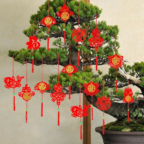 Bdecoll Chinesisches Neujahr Deko Mini-roter chinesischer Knoten-Anhänger, traditionelle Glücks-Ornamente für Neujahr, Zuhause, Büro, Auto, Baum, Frühling, Dekorationen (M, Rot, 72)