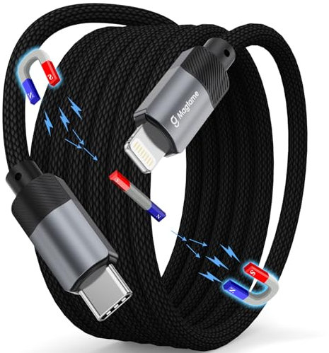 Magtame Magnetisch USB C Light-ning Kabel, 1M Aufgerollt iPhone Ladekabel Schnellladekabel, PD 3.0 MFi Zertifiziert iPhone Kabel Nylon Fast USB Ladekabel für iPhone 14/13/13 Pro/12 X 8 7 6