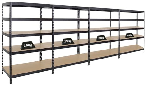 PROREGAL Mega Deal 4er-Set Schwerlastregal Rivet | HxBxT 180x120x60cm | Fachlast 250kg | Schwarz | Innovatives Stecksystem, Verzinkt, Garagenregal, Lagerregal, Kellerregal