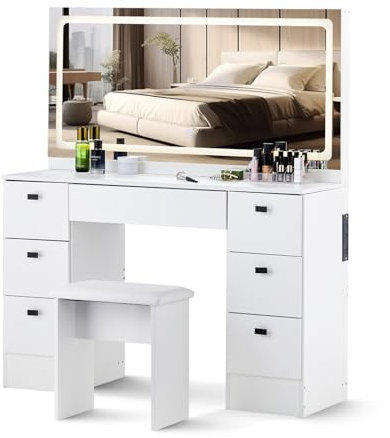 TUKAILAi White Dressing Table with LED Light Mirror and Charging Station, Cushioned Stool and 7 Storage Drawers, Vanity Table Set with 7 Drawers Adjustable Lights Large Makeup Table for Girls Women