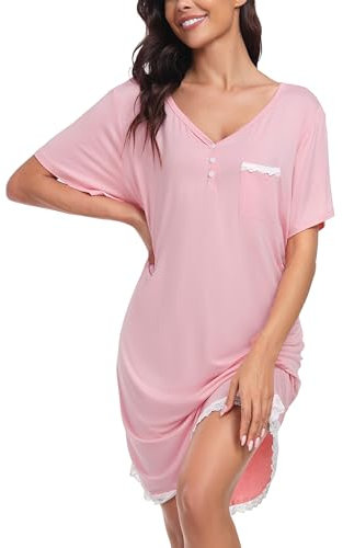 Vlazom Chemises de Nuit Femme Robe de Nuit à Manches Courtes Vêtement de Nuit Col en V Ete Bordure en Dentelle,Rose,S