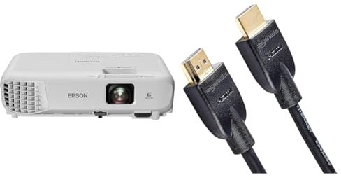 Epson EB-W06 3LCD, HD ready, 3700 Lumens, 320 Inch Display, Built-in Speaker, WXGA Projector - White & Amazon Basics 4K HDMI Cable 7.6m - 18Gbps High Speed with Ethernet, 4K@60Hz, 2160p, Black