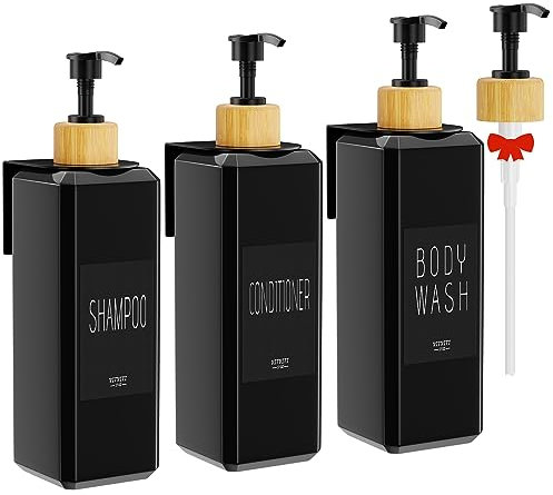 VITVITI Seifenspender Wandbefestigung ohne Bohren, 3 Stück Shampoo Spender, 500 ml Shampoo Spenderflasche aus Kunststoff, Duschgel Spender mit Pumpe für Küche Badezimmer Dusche (Schwarz)