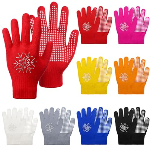 Chuarry 8 Pairs Ice Skating Gloves Figure Skating Accessories Anti Slip Gripper Colorful Knit Gloves for Teen Practice and Competition with Rhinestone Snowflakes