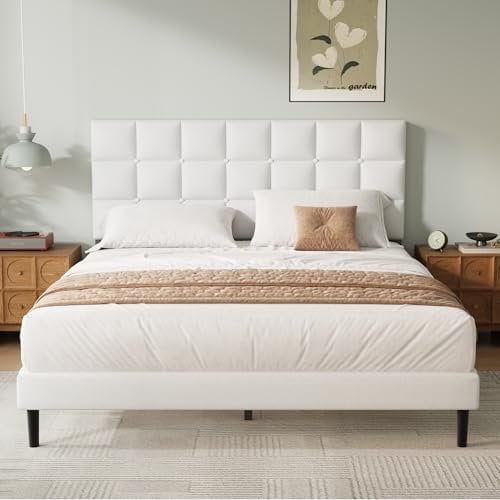 Yocreat Double Bed Frame, Easy Assembly, Sturdy Wooden Slat Support, Upholstered Platform with Headboard, No Box Spring Needed, White Double Bed 135×190
