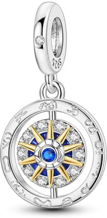 BIZK Kompass Charms Anhänger Silber 925 für Armbänder, Kompatibel mit Europäischen Armbändern und Halskette für Frauen