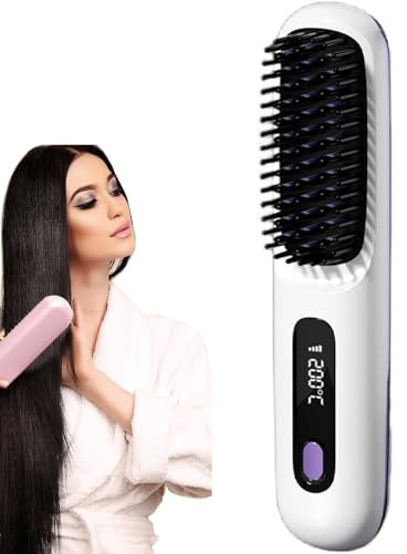 Numoya Portable Straightener Brush - Gobrush Pro, Numoya Go Brush Pro Cordless Straightener, Portable Rechargeable Cordless Hair Straightener Brush, with 3 Heating Temps, Led Display (White)