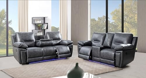 Sara Leather Electric Recliner Sofa With Cupholders - Leather Corner Sofa - 3+2 Seater - USB Charging Ports - LED Lights - Grey (3+2 Seater)