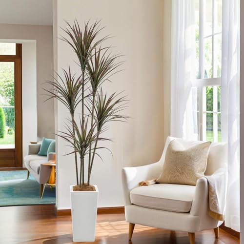 Artificial Dracaena Tree 6FT(71in)Tall Faux Silk Yucca Tree with Realistic Leaves and White Planter, Fake Floor Potted Artificial plants for Home Office Living Room Indoor Outdoor Decor (6feet,1Pack)