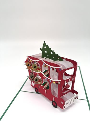 3D Pop-Up Weihnachtskarte, Roter Bus mit Weihnachtsmann und Rentieren, Festliche Grußkarte