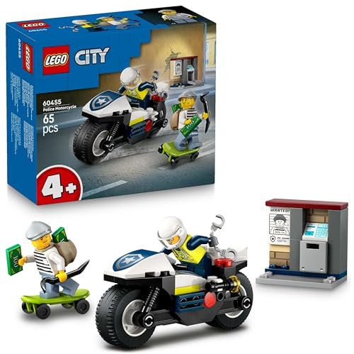LEGO City Inseguimento della Moto della Polizia - Set con Motocicletta Giocattolo, 2 Minifigure, Mini-Bancomat e Skateboard - Regalo di Compleanno per Bambini e Bambine da 4 Anni - 60455