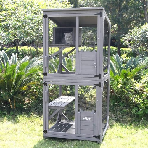 Seiyierr Gato jaula de madera interior al aire libre gato casa grande con ruedas en Run 70.9 gato jaula con barras de refuerzo y techo impermeable