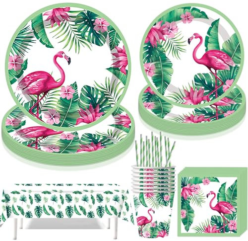 Flamingo Partygeschirr Set,61 Stück Partygeschirr Kindergeburtstag,Tropischer Vogel Pappteller,Hawaii Thema Geburtstag Party,mit Pappteller Becher Servietten Tischdecke Strohhalme,für 10 Gäste