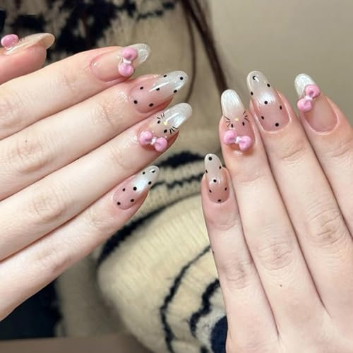 Cat Eye False Nails - 30pcs Almond Press On Nails Medium Long - Pink Fake Nails With 3D Bow, Hello Kitty And Dots Design - Cute Acrylic Glue On Stick On nails For Women Girls