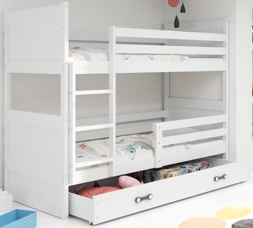 Interbeds Etagenbett Hochbett Stockbett Holzbett Kiefernholz Kinderbett Jugendbett mit Lattenrost und Rausfallschutz (weiß +weiße Schublade, 190x90)
