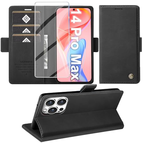 Giyer Cover per iPhone 14 Pro Max Custodia con Vetro Temperato, Premium PU Portafoglio Slot per Scheda RFID Antifurto Funzione Supporto Flip Case, Antiurto per iPhone 14 Pro Max 5G Cover (Nero)