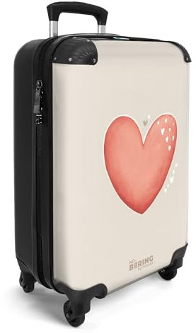 NoBoringSuitcases.com® Handgepäck Koffer Kinder 55x35x20 cm Kinderreisekoffer Kinderkoffer mit Roller Leicht Cabin Trolly Hartschalenkoffer Kind Herz - Rot - Beige