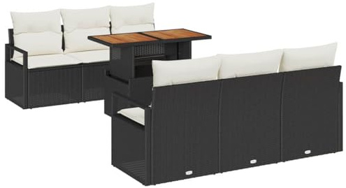 vidaXL 7-teiliges Garten-Sofaset mit Kissen in Schwarz und Creme aus Rattan. Gartenmöbel, die perfekt für die Terrasse oder den Balkon sind. Modernes Lounge-Set mit rechteckigem Tisch.