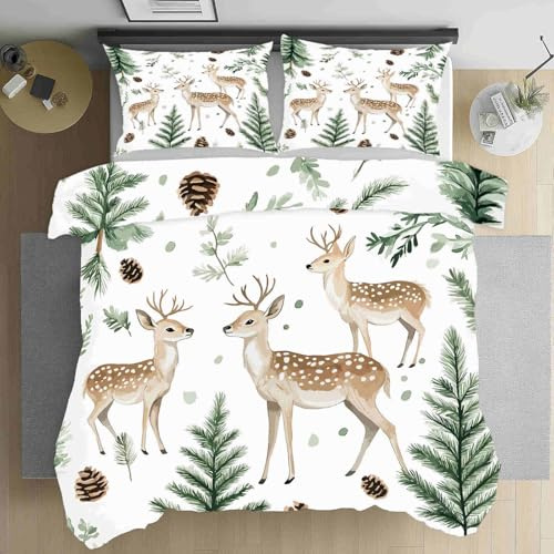 LLponhg Bettwäsche 135x200 Waldtiere REH Bettwäsche Set Weich Microfaser | Kuschelige Bettwäsche, Wald Kiefer Wendebettwäsche Pastoral Tannenzapfen Bettbezug und Kissenbezug 80x80cm mit Reißverschluss