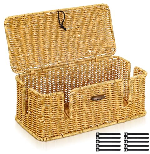 Voency Handmade Cable Management, Imitation Rattan Cable Tidy Box makes of plastic With Lid for TV Wires, Power Strip, Tangle Hide Desk, Socket Box for Office, Home