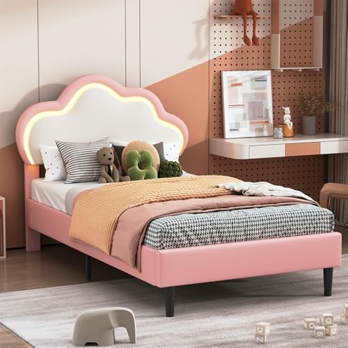 BestAlice Bett für Mädchen, polsterbett Kinderbett 90x200, Prinzessin Wolke, Gestell für Mädchen, prinzessinnenbett mit LED-Kopfteil und Lattenrost, verstellbares Kopfteil, PU, Rosa