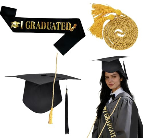 Graduationsgeschenk-Set mit Bachelor-Mütze, Satin-Gürtel und zweifarbigem Quastenband – Anpassbar, für alle Kopfgrößen geeignet, schwarz