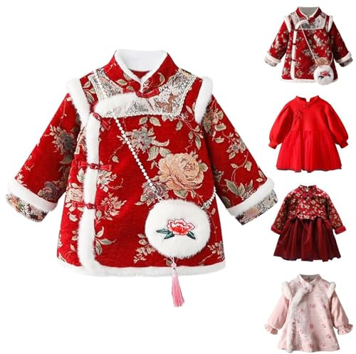 Robe de Nouvel An chinois pour bébé - Robe traditionnelle brodée florale - Jolie robe chaude en tulle avec bordure en polaire Cheongsam - Col montant Qipao