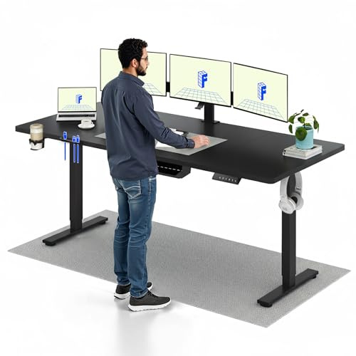 FLEXISPOT Bureau Assis Debout 200x80cm, Bureau Réglable en Hauteur avec Fonction Mémoire, Charge 70 kg, Bureau d'ordinateur avec Crochet,Étagère et Passe-Câbles, pour Télétravail, Noir