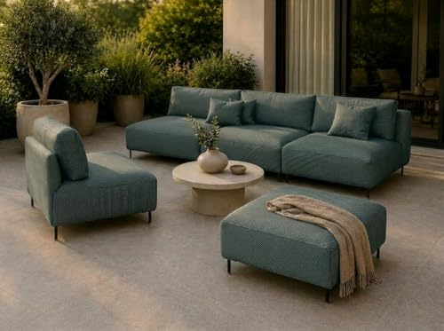 A&J MöbelLand Outdoor Lounge Set Sun mit Sofa, Sessel und Hocker in Dunkelgrün - Wetterfestes Gartenmöbel Set für Terrasse, Balkon und Garten