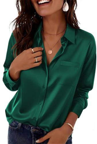 ZEAGOO Womens Blouses Satin Button Down Long Sleeve Shirts Going Out Tops | V Neck Silk Blouses | Ladies Casual Shirt | Solid Color Blouse | Elegant Shirts | Office Wear Work Top | Green L