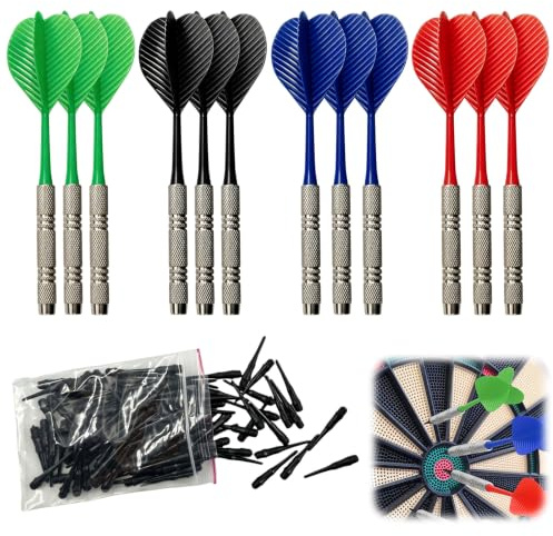 Dardos Punta Plastico para Diana Electrónica, 12 Piezas Dardos de 14 Gramos | con 100 Puntas Intercambiables, Cuerpo de Hierro para Diana Electrónica, Colores Rojo/Azul/Verde/Negro