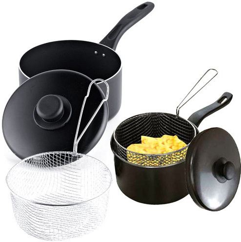 20Cm Non Stick Chip Pan With Strainer Basket - Non Stick With Handles For Easy & Safe Carrying | Deep Fry, Lid, Fryer Sacuepan | Strainer Wire Basket | Ideal For Chips & Fries, Long Lasting