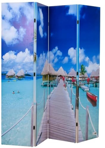 'vidaXL Folding Room Divider, Beach Print, Double-Sided Design, Fir Wood Frame with PVC Fabric, Multicolor for Living Room, Dining Room and Office