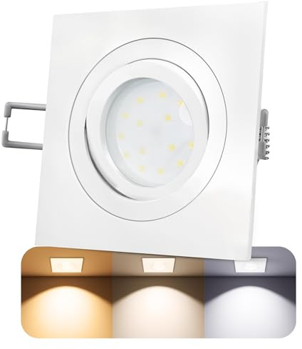 SSC-LUXon QF-2 LED Einbauspot eckig weiß GU10 5W 3 Lichtfarben | Weißer Deckenspot eckig für Wohn- & Schlafräume und Flur - inkl. Leuchtmittel 5W 3-farbig, Lochmaß Ø78-85mm, kein Trafo