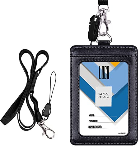 Wisdompro Porte-badges vertical double-face En cuir PU Avec lanière de cou amovible de 58,4 cm, Noir Vertical Noir