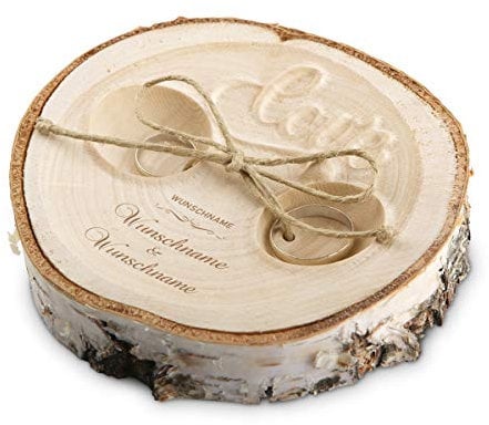 Hochzeit Ringkissen Love Birkenscheibe Gravur individuell ca. 11 cm Durchmesser - Schriftzug