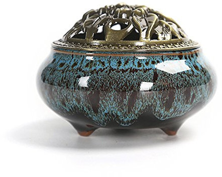 Holz sammlung - Bruciatore di incenso in ceramica, stile classico, con portaincenso in ottone e coperchio in metallo, accessorio decorativo per la casa