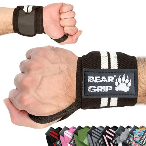 Bear Grip - Bandes de soutien pour poignets lors de la musculation, (Vendues par paire) (Noir/Blanc)