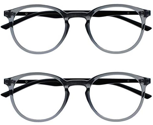 OPULIZE Met Lesebrille 2er Pack Schlank Runder Rahmen Federscharniere Kratzfest Transparent Grau Schwarze Bügel Herren Damen RR60-7 +1.00