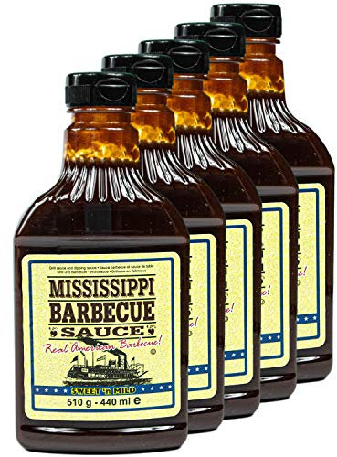 Mississippi - 5er Set Original Barbecue Sauce Sweet'n Mild 510 g (440ml) - American BBQ Sauce Sweet & Mild - Premium Barbeque Würzsauce ideal als Grillsauce (auch zum Dippen und Marinieren)