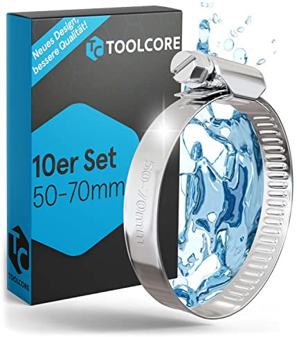 TOOLCORE® Hose Clamps Stainless Steel 50-70 mm [Extra Strong] Pack of 10 in Quality W4 - For Garden, Washing Machine, Pool, Car - Hose Clamps, Hose Clamps Set, Clamps, Clamp