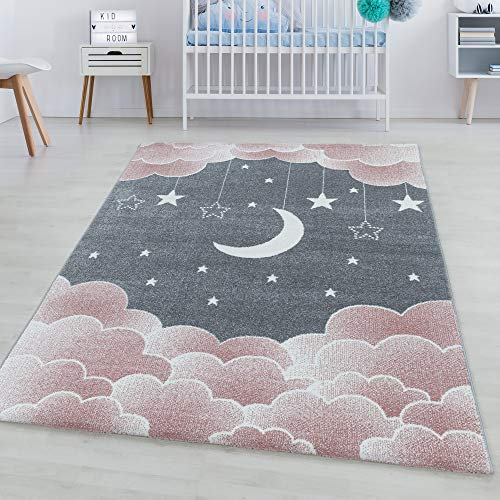 KinderTeppich, Mond- und Sterne Design, Teppich Rosa, 120 cm Rund, Teppich für Kinder, Teppich Kinderzimmer