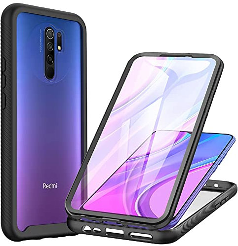 CENHUFO Coque Xiaomi Redmi 9, Antichoc Housse avec Protection d'écran, 360 Degrés Protégé Téléphone Etui Double Face Bumper Transparent Case Robuste Portable Intégrale Coque pour Redmi 9 - Noir