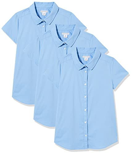Amazon Essentials Girls' Uniform Short-Sleeved Stretch Poplin Button-Down Shirts, Pack of 3, Blue, 9 Years Slim