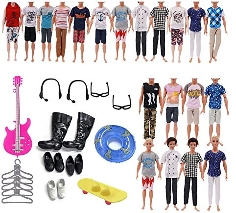 30 Stück Kleidung und Zubehör für Puppen, Jungen, Kleidung, Schwimmring, Gitarre, Skateboard, Brille, Kopfhörer für Puppe, Jungen, 12 Zoll