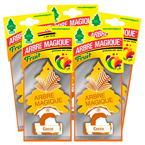 Arbre Magique Mono, Auto-Lufterfrischer, Kokosnuss, exotischer und fruchtiger Duft, hält bis zu 7 Wochen, hergestellt in Italien, Packung mit 5 Stück