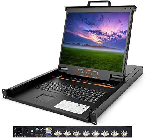 8 Port Rack Mount KVM Console w/19 Rackmount Monitor, 1U VGA KVM Switch Drawer+Keyboard+Touchpad+8 VGA Cable,OSD/Hotkey/Button Switch, 1280X1024@60Hz, 23.8 Deep,Compatible with Windows,Linux,Mac,Sun