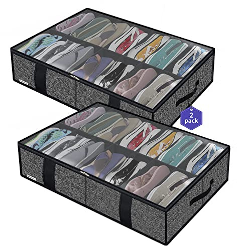Onlyeasy Large Under Bed Shoe Storage Organizers - Fit 14 x 2 Pairs of Shoes, Sturdy Box Underbed Organizer w/ 4 Handles & 2 Zippers for Kids & Adults, 33.9x23.6x5.9, Linen-like Black, MXAUBS14S14